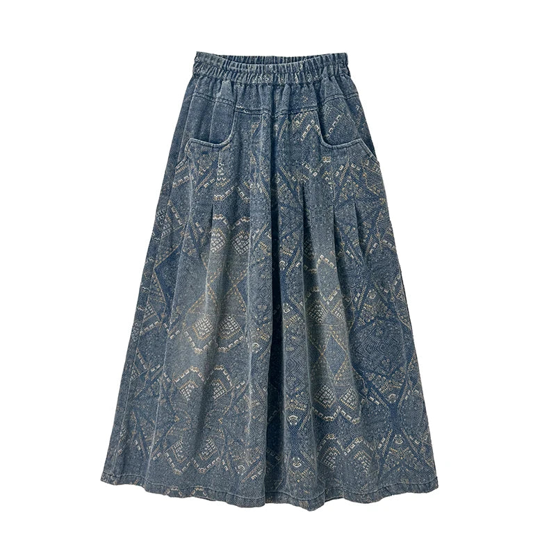 Boho Print Wide-Leg Denim Pants