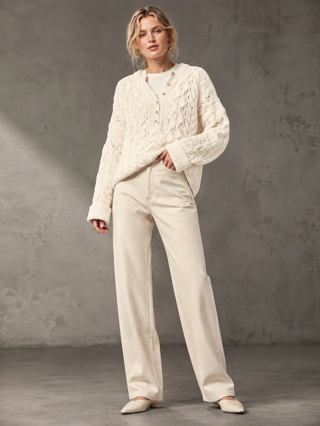 Relaxed Cable Henley Sweater