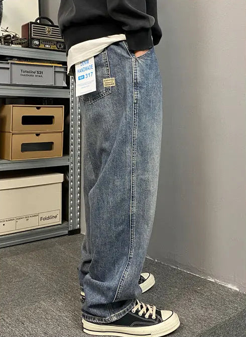 Vintage Wash Baggy Straight Jeans