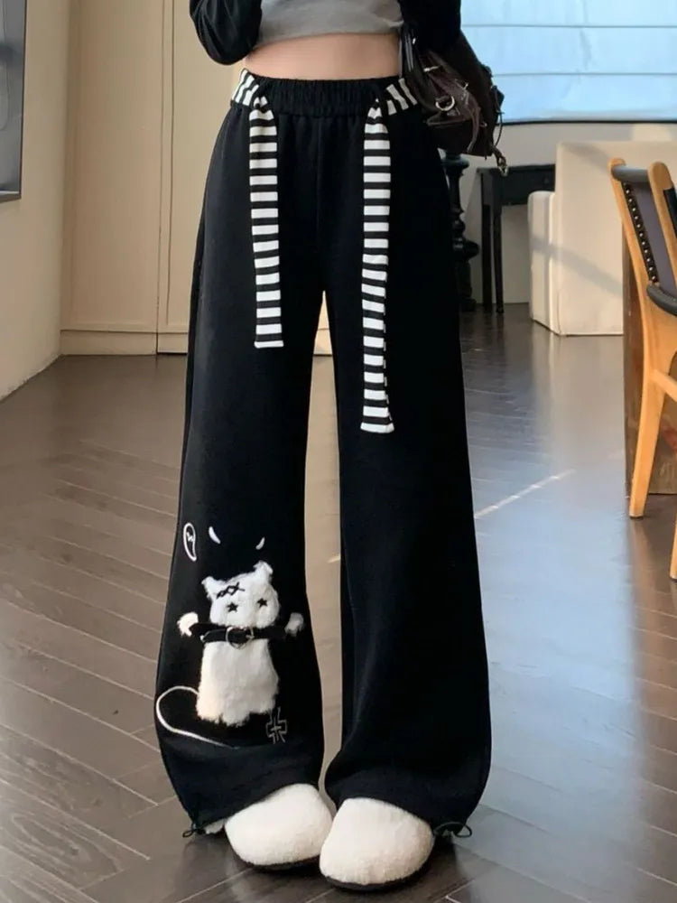 Kawaii Cat Embroidery Wide-Leg Sweatpants