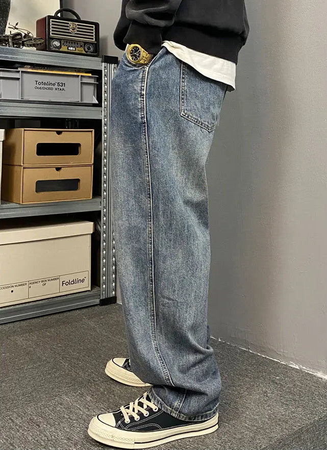 Vintage Wash Baggy Straight Jeans