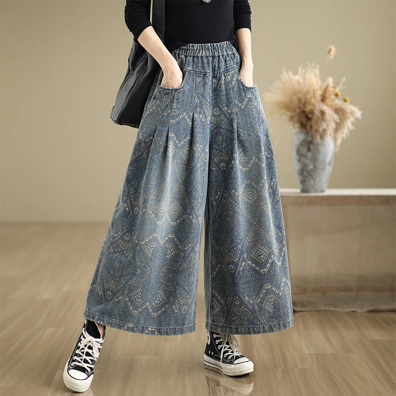 Boho Print Wide-Leg Denim Pants