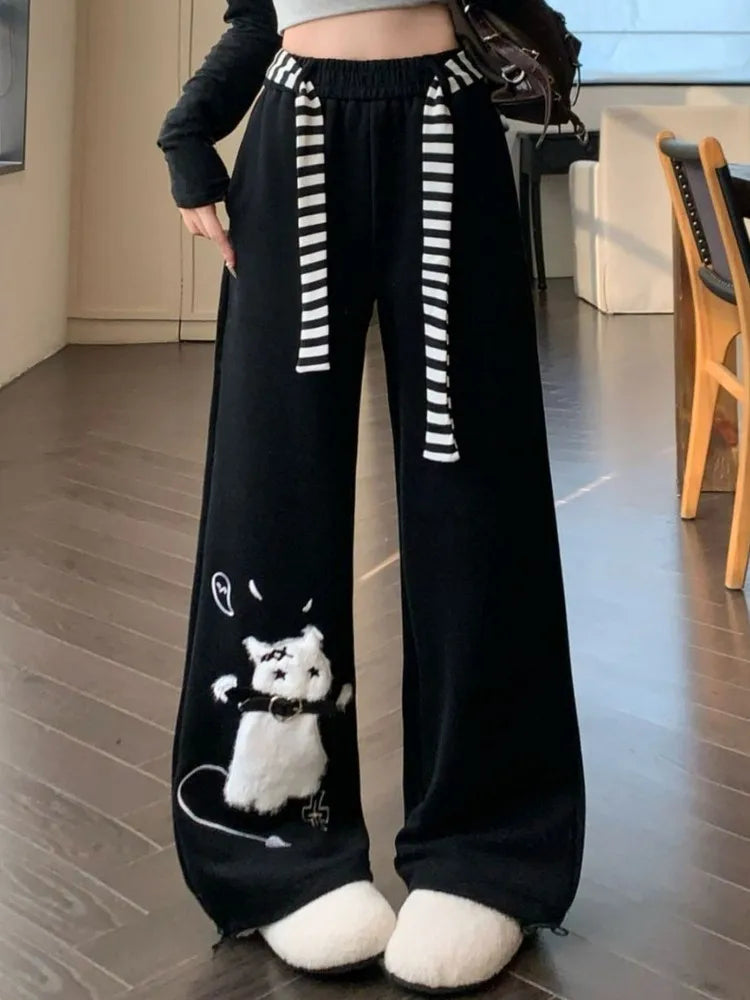 Kawaii Cat Embroidery Wide-Leg Sweatpants