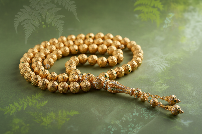 expensive gold tasbih prayer beads with muted green nature inspired background, editorial high end designer style picture